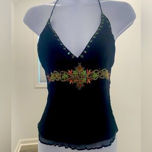 Black silk top with beautiful detailed designs size small
